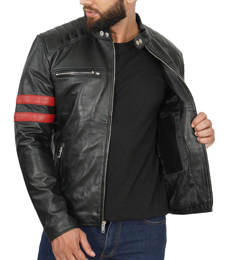 Men’s Red Stripe Cafe Racer Leather Jacket - Male - XS - Men’s Red Stripe Cafe Racer Leather Jacket - Tatoo Tee