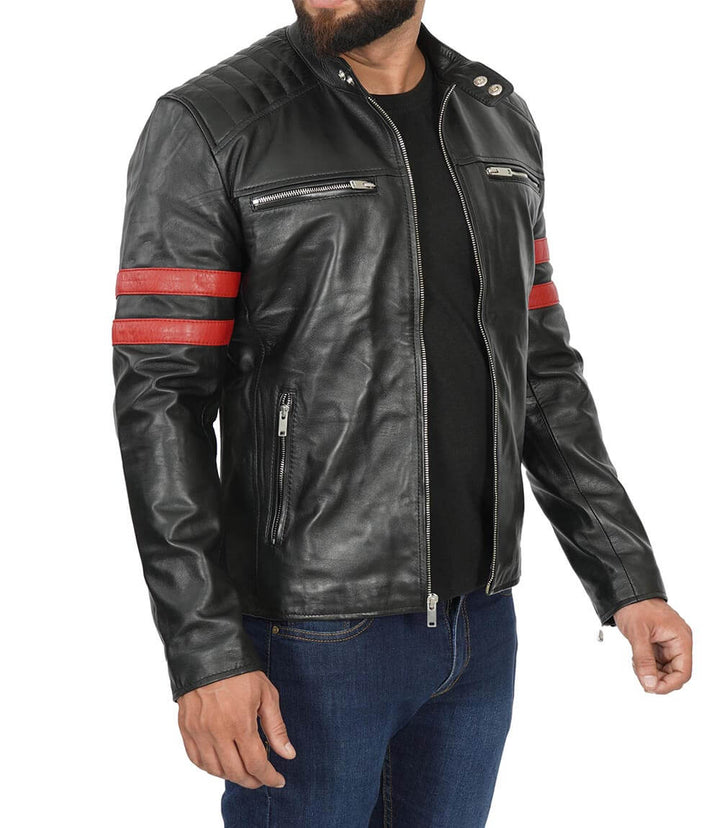Men’s Red Stripe Cafe Racer Leather Jacket - Male - XS - Men’s Red Stripe Cafe Racer Leather Jacket - Tatoo Tee