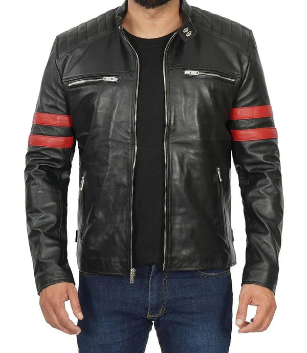 Men’s Red Stripe Cafe Racer Leather Jacket - Male - XS - Men’s Red Stripe Cafe Racer Leather Jacket - Tatoo Tee