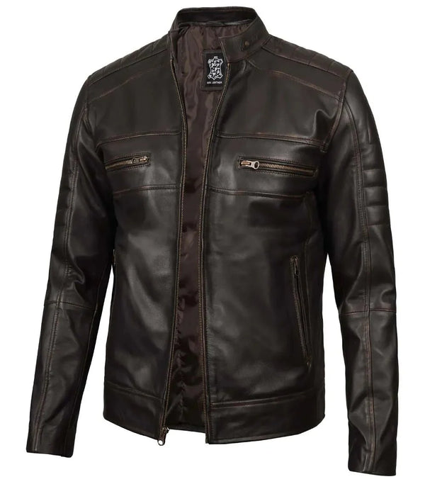 Men's Rub Off Dark Brown Cafe Racer Leather Jacket