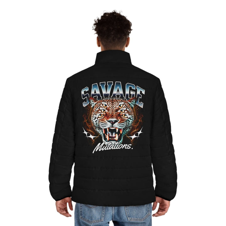 Men's Savage Tiger Puffer Jacket - Bold Winter Outerwear - S - Black zipper - Men's Savage Tiger Puffer Jacket - Bold Winter Outerwear - Tatoo Tee