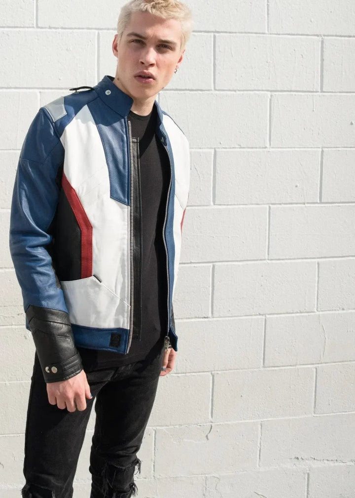 Mens Soldier 76 Blue Leather Jacket - XS - Real Leather - Mens Soldier 76 Blue Leather Jacket - Tatoo Tee