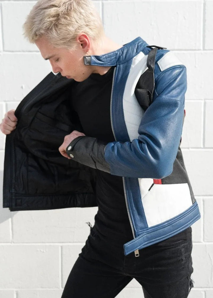 Mens Soldier 76 Blue Leather Jacket - XS - Real Leather - Mens Soldier 76 Blue Leather Jacket - Tatoo Tee