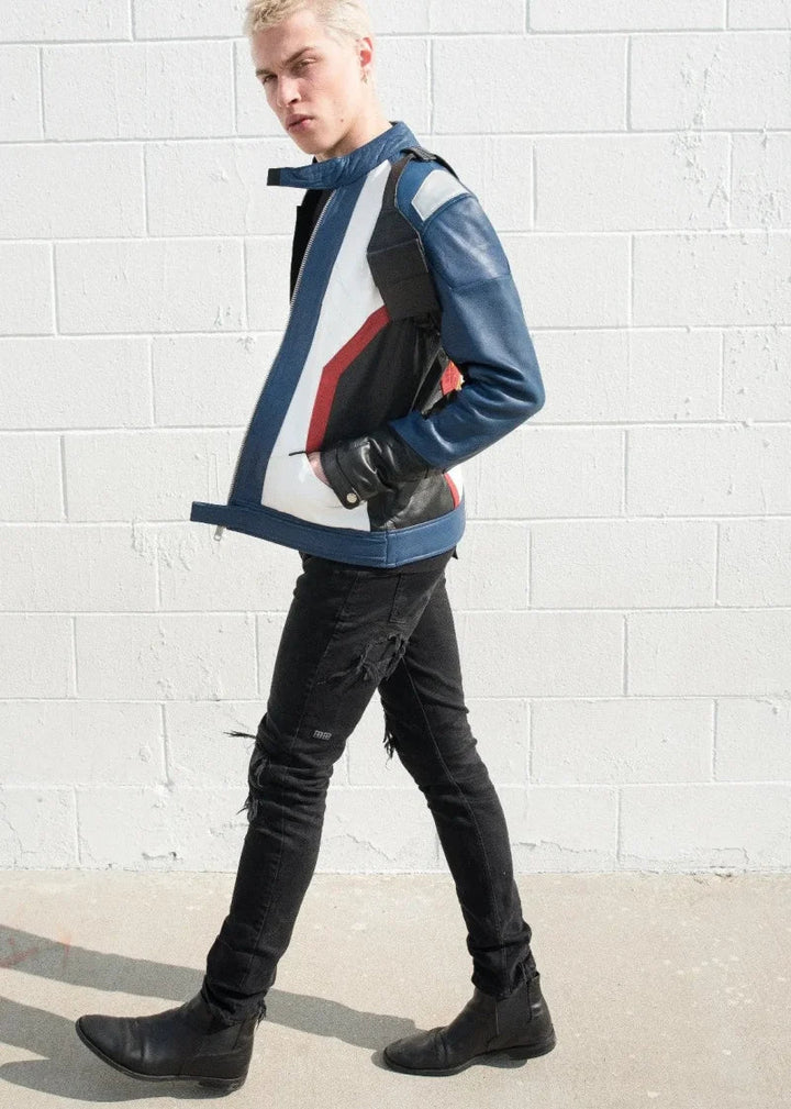 Mens Soldier 76 Blue Leather Jacket - XS - Real Leather - Mens Soldier 76 Blue Leather Jacket - Tatoo Tee