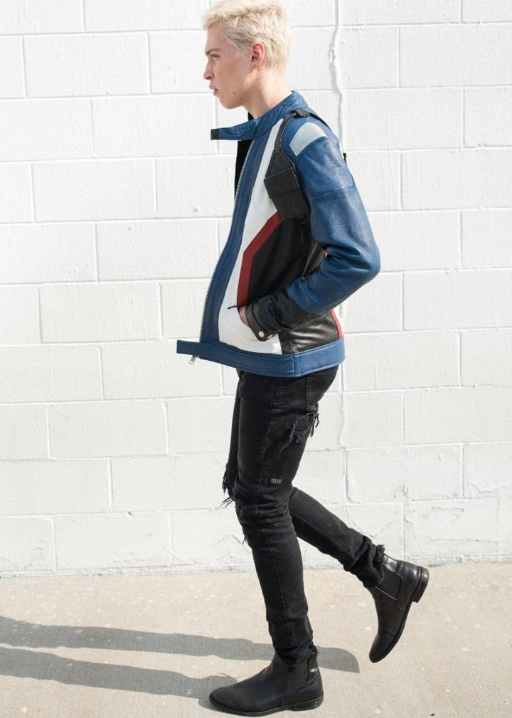 Mens Soldier 76 Blue Leather Jacket - XS - Real Leather - Mens Soldier 76 Blue Leather Jacket - Tatoo Tee
