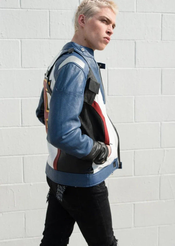 Mens Soldier 76 Blue Leather Jacket - XS - Real Leather - Mens Soldier 76 Blue Leather Jacket - Tatoo Tee