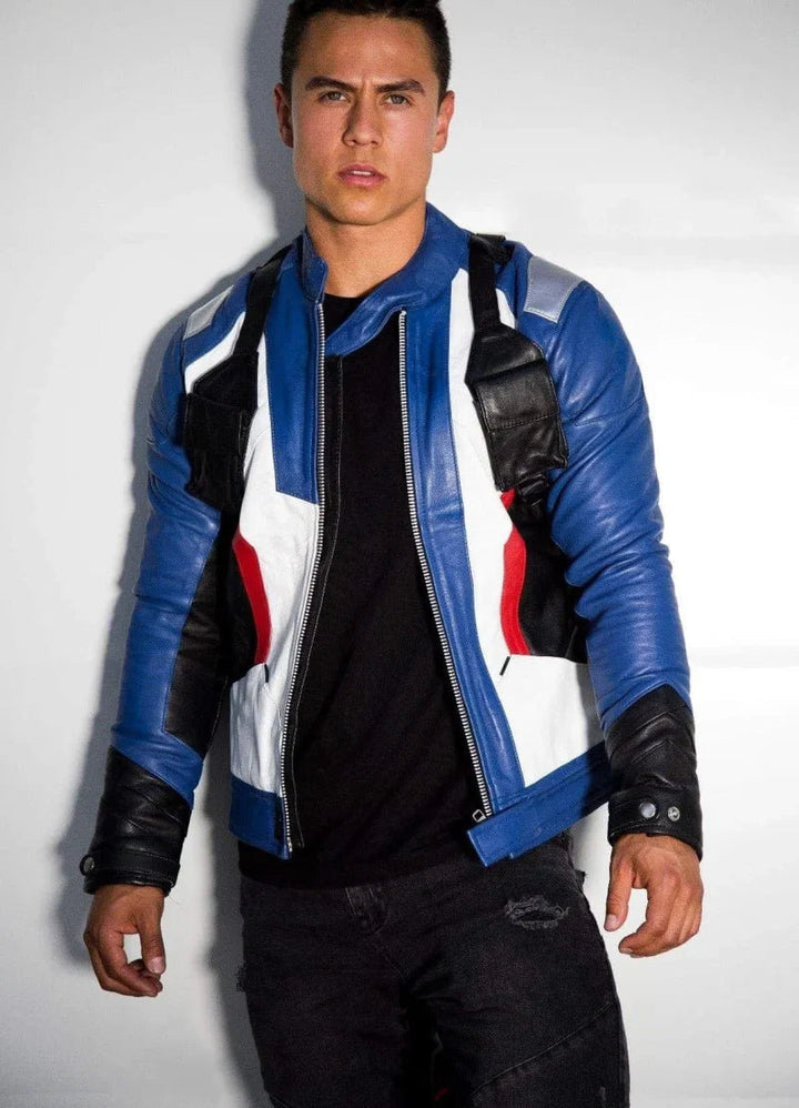Mens Soldier 76 Blue Leather Jacket - XS - Real Leather - Mens Soldier 76 Blue Leather Jacket - Tatoo Tee