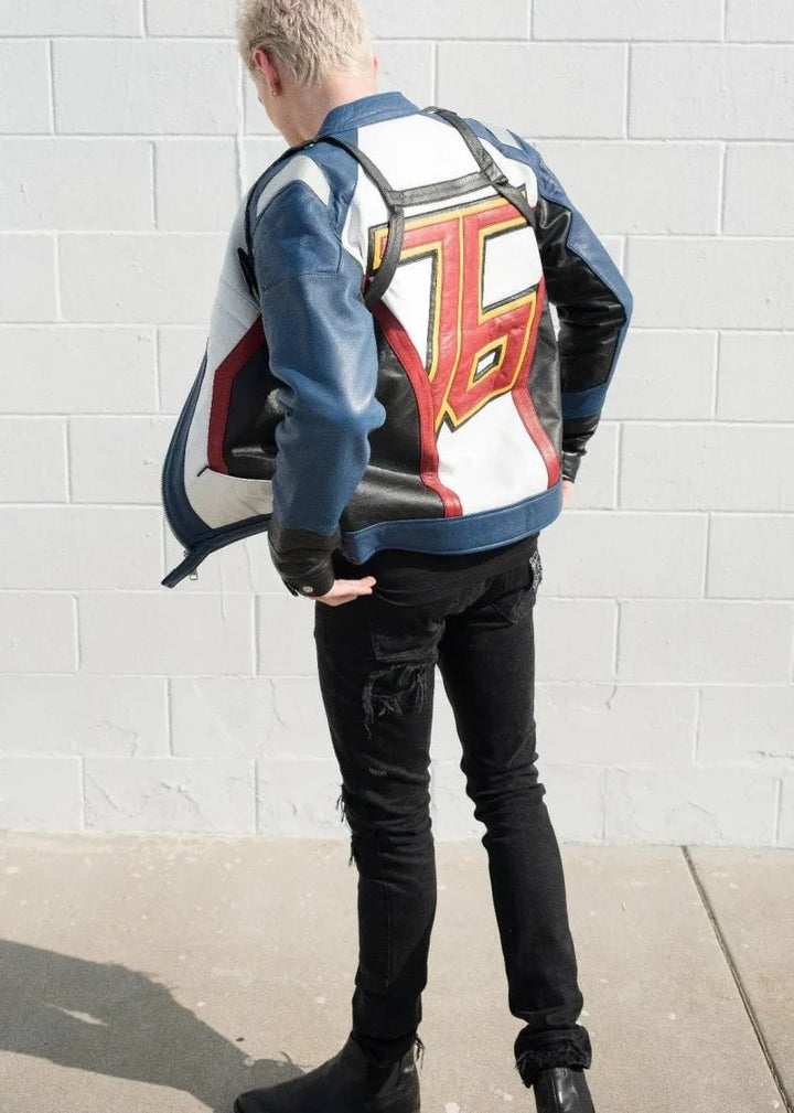 Mens Soldier 76 Blue Leather Jacket - XS - Real Leather - Mens Soldier 76 Blue Leather Jacket - Tatoo Tee