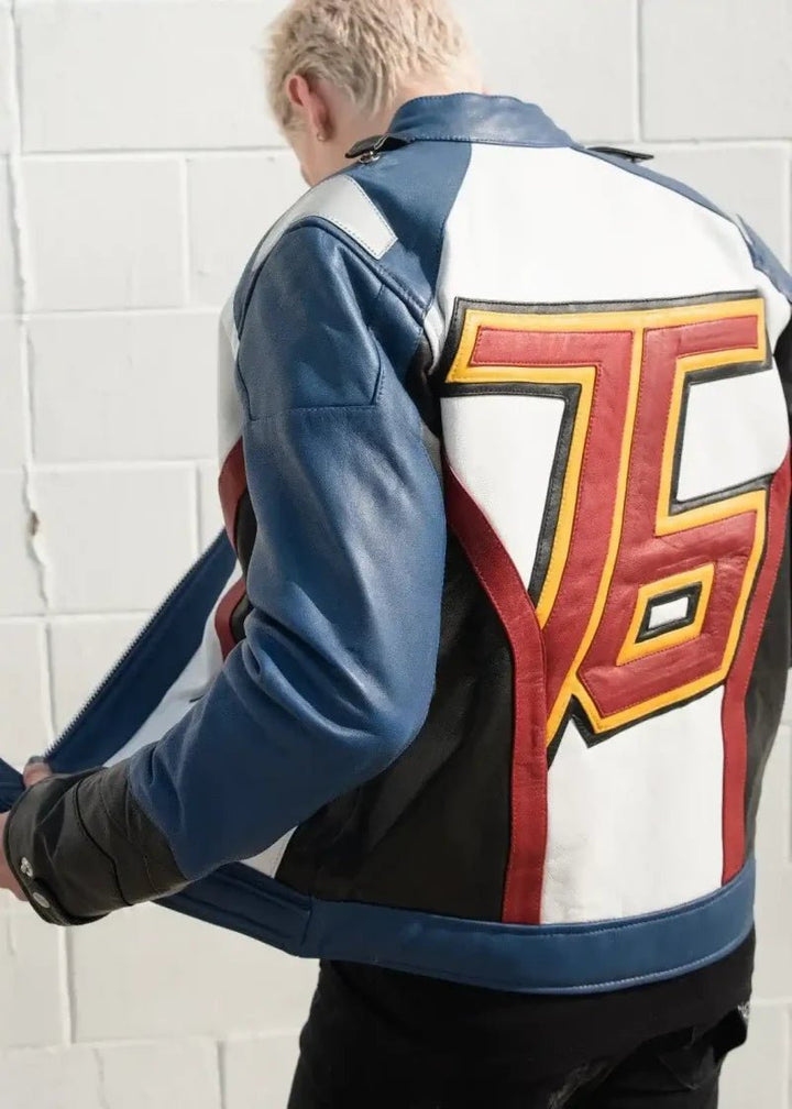 Mens Soldier 76 Blue Leather Jacket - XS - Real Leather - Mens Soldier 76 Blue Leather Jacket - Tatoo Tee