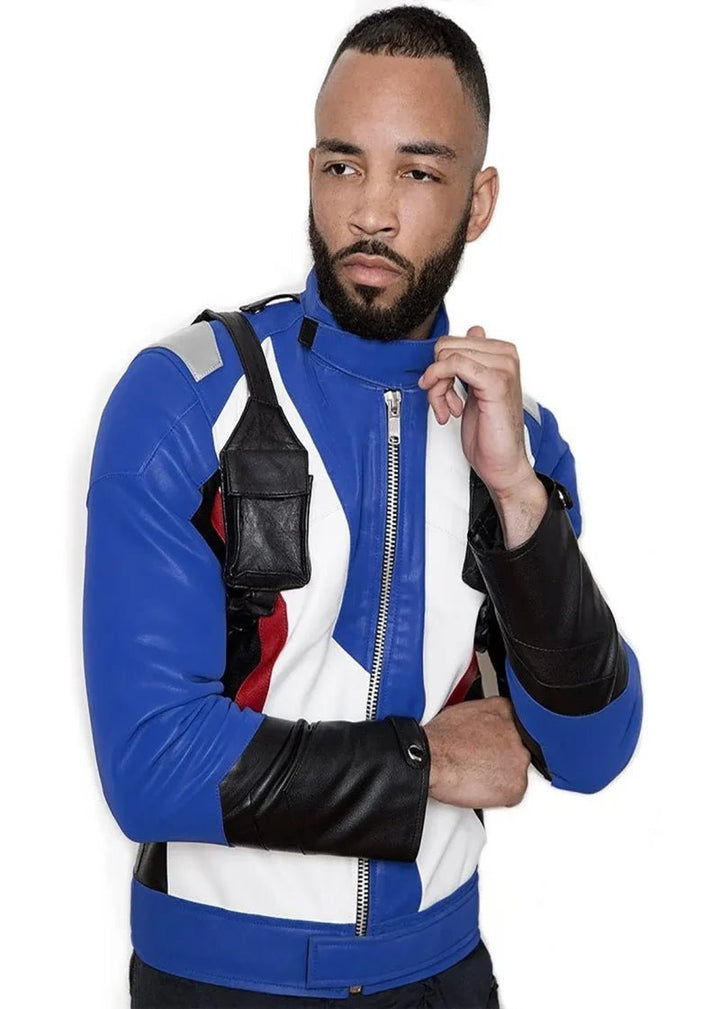 Mens Soldier 76 Blue Leather Jacket - XS - Real Leather - Mens Soldier 76 Blue Leather Jacket - Tatoo Tee