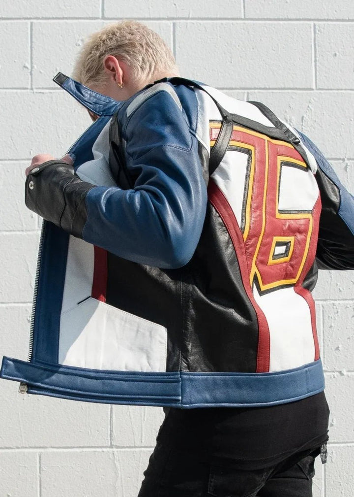 Mens Soldier 76 Blue Leather Jacket - XS - Real Leather - Mens Soldier 76 Blue Leather Jacket - Tatoo Tee