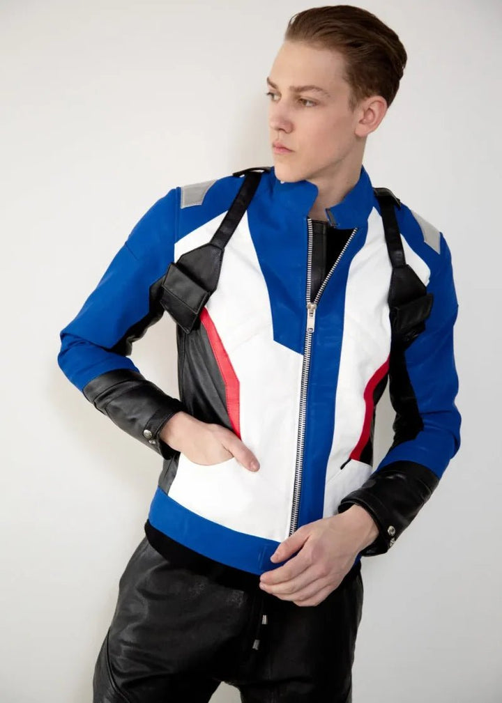 Mens Soldier 76 Blue Leather Jacket - XS - Real Leather - Mens Soldier 76 Blue Leather Jacket - Tatoo Tee