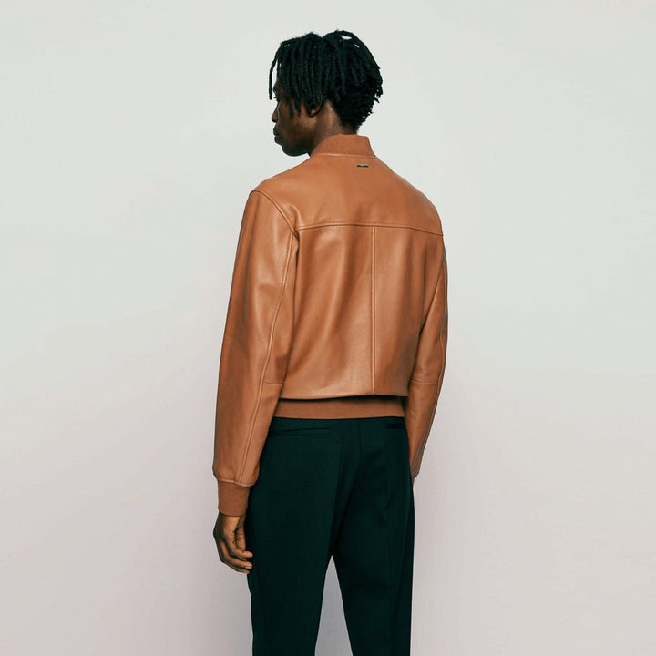 Men’s Tan Brown Leather Bomber Jacket - S - Men’s Tan Brown Leather Bomber Jacket - Tatoo Tee