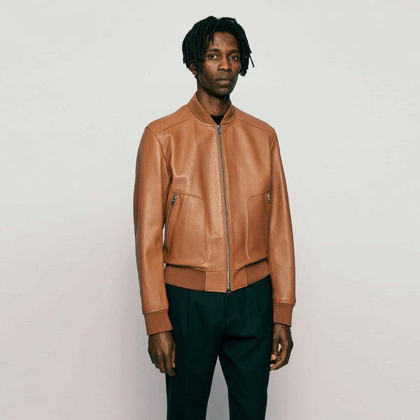 Men’s Tan Brown Leather Bomber Jacket - S - Men’s Tan Brown Leather Bomber Jacket - Tatoo Tee