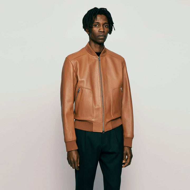 Men’s Tan Brown Leather Bomber Jacket - S - Men’s Tan Brown Leather Bomber Jacket - Tatoo Tee