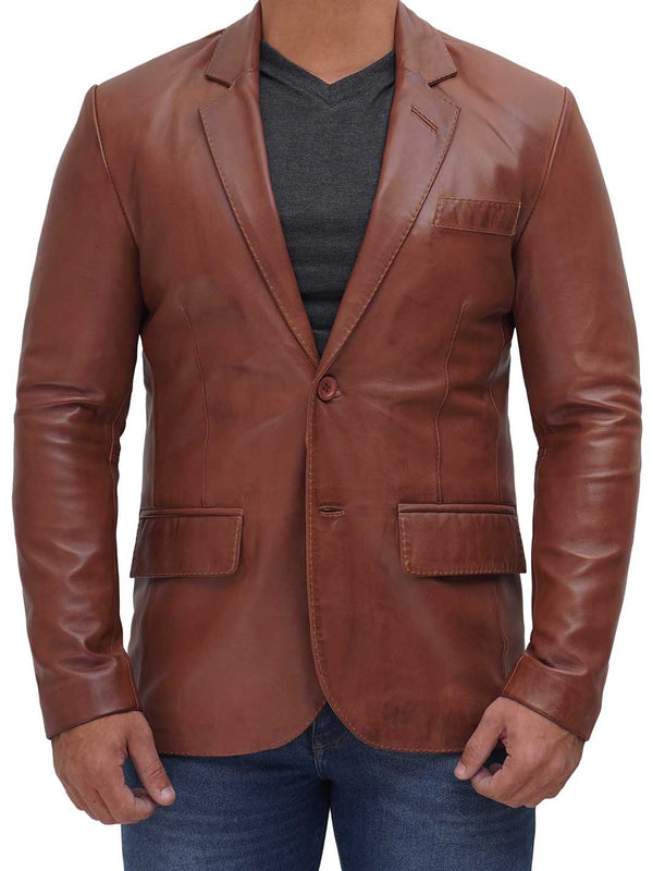Mens Two Button Tan  Brown Leather Blazer