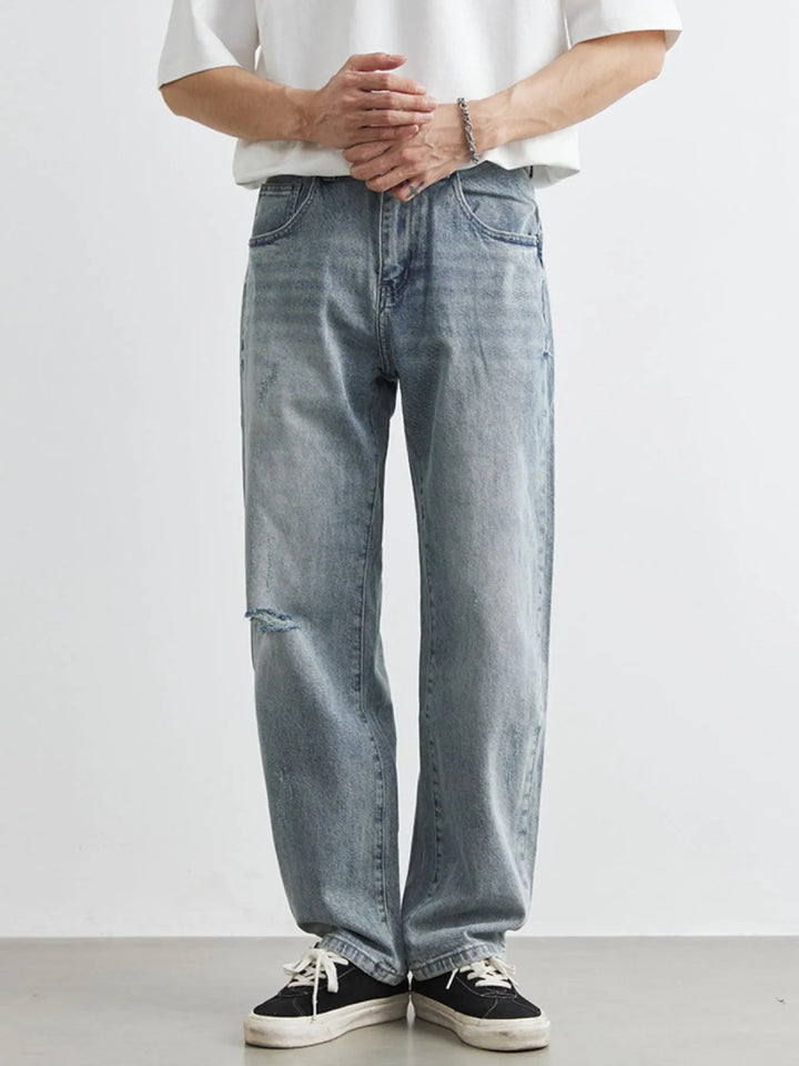 Men's Washed Wide Leg Distressed Jeans - Blue - 28 - a1876682 - 6bd7 - 4c44 - ac8a - b13a503a650d - Max - Origin - Tatoo Tee