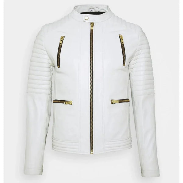 Men's White Leather Biker Jacket