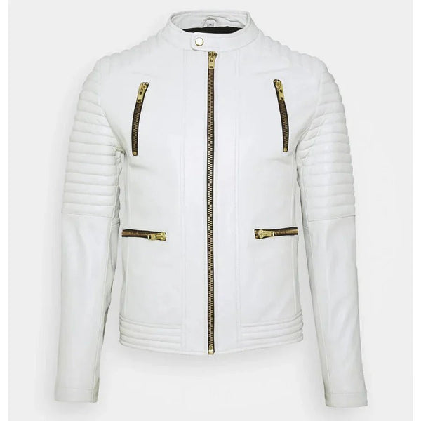 Men's White Leather Biker Jacket - Male - XS - Men's White Leather Biker Jacket - Tatoo Tee