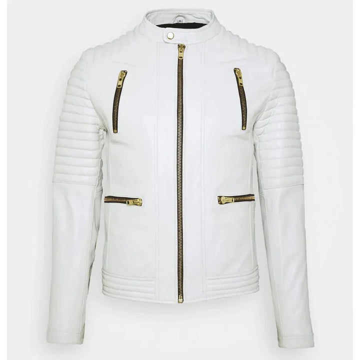 Men's White Leather Biker Jacket - Male - XS - Men's White Leather Biker Jacket - Tatoo Tee