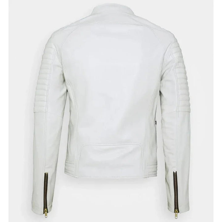 Men's White Leather Biker Jacket - Male - XS - Men's White Leather Biker Jacket - Tatoo Tee