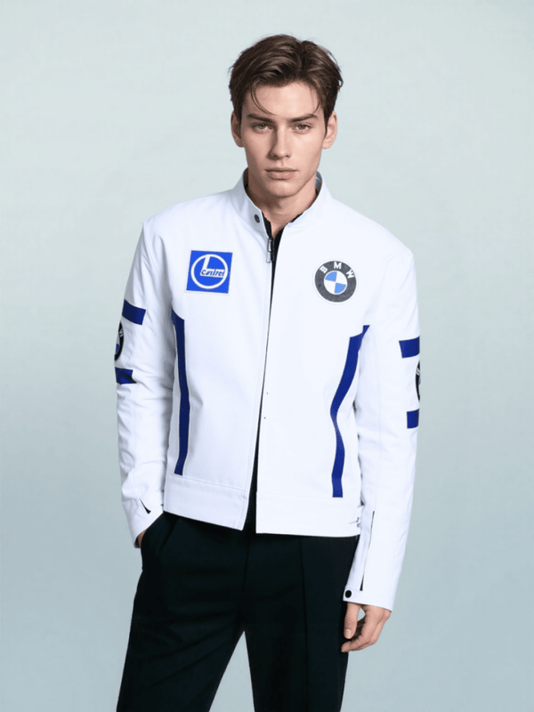 Men’s White Leather BMW Biker Jacket - Male - XS - Men’s White Leather BMW Biker Jacket - Tatoo Tee