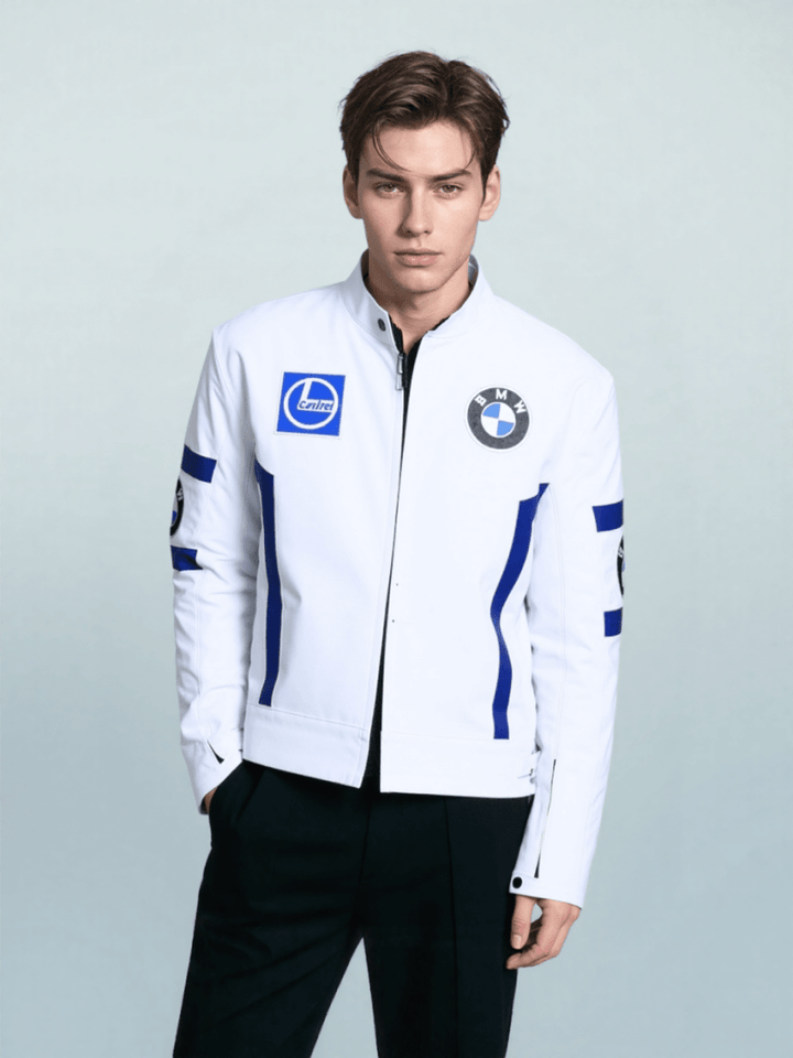 Men’s White Leather BMW Biker Jacket - Male - XS - Men’s White Leather BMW Biker Jacket - Tatoo Tee