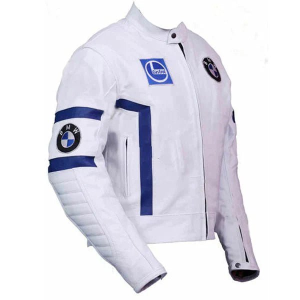 Men’s White Leather BMW Biker Jacket - Male - XS - Men’s White Leather BMW Biker Jacket - Tatoo Tee