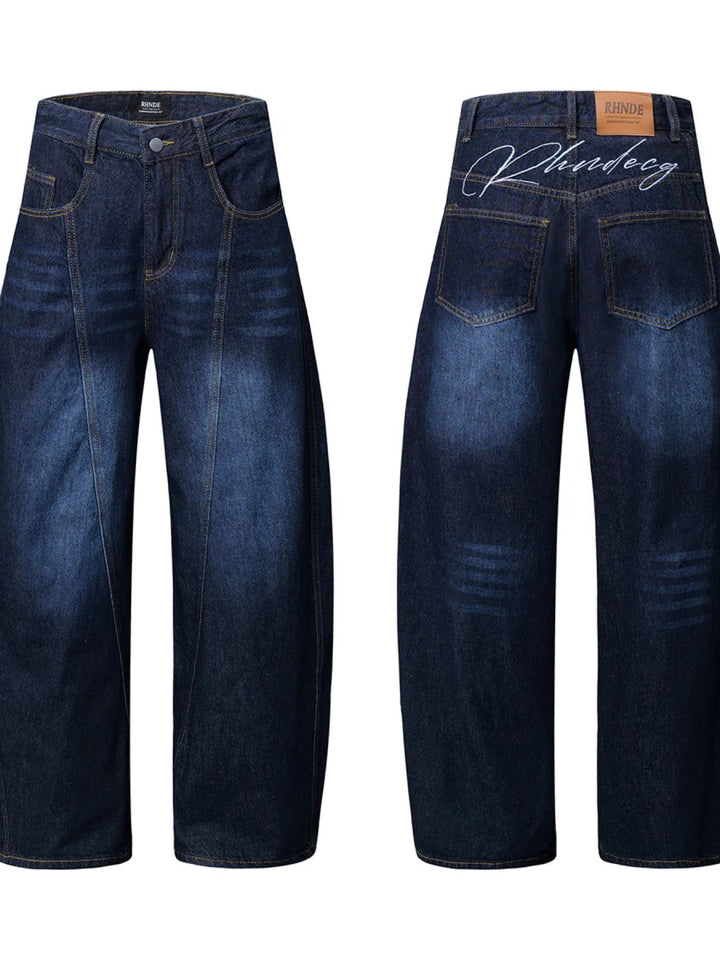 Men's Wide Leg Wash Denim Jeans with Signature Detail - Dark Blue - S - 913411fa4685493eb969c91da601391a - Max - Origin - Tatoo Tee
