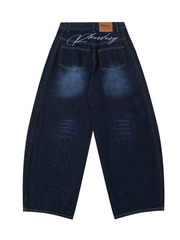 Men's Wide Leg Wash Denim Jeans with Signature Detail - Dark Blue - S - f03db0de4bbc47d6b09cd00d6af6e43d - Max - Origin - Tatoo Tee