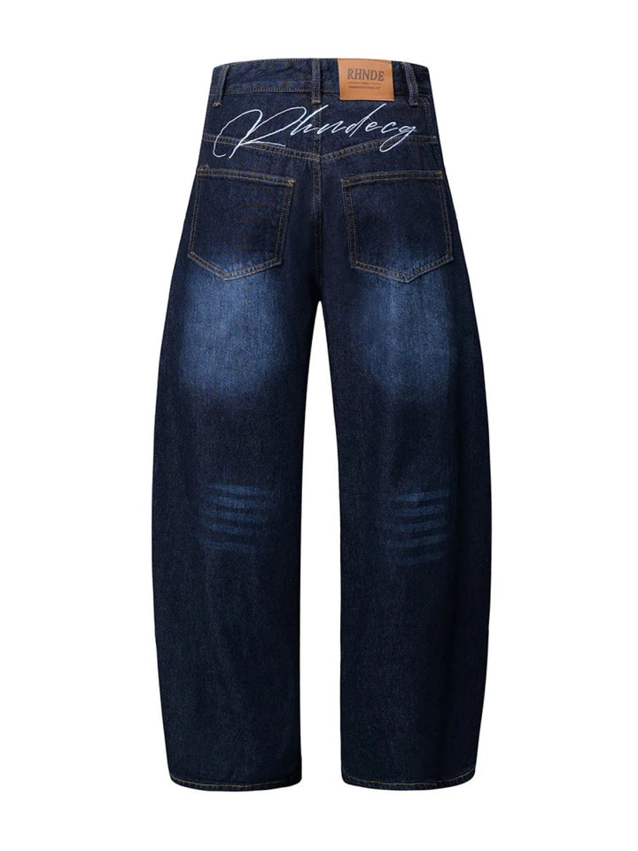 Men's Wide Leg Wash Denim Jeans with Signature Detail - Dark Blue - S - f267c0c2633848179c8a80b20367f89f - Max - Origin - Tatoo Tee