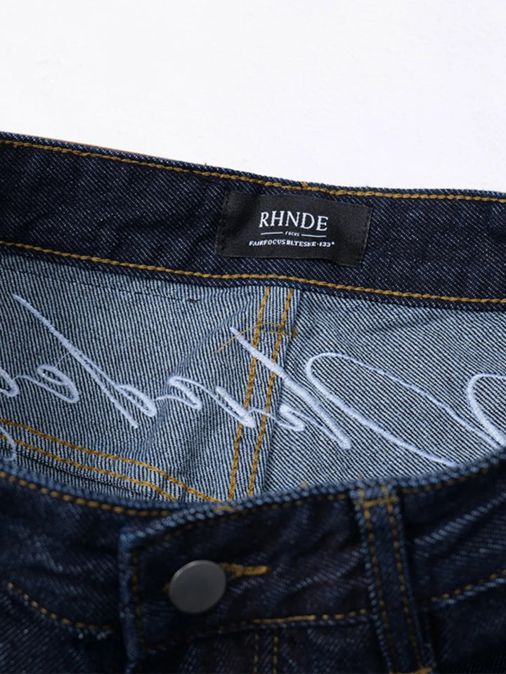 Men's Wide Leg Wash Denim Jeans with Signature Detail - Dark Blue - S - d2893ba8293b48f5a2e89f168e32372b - Max - Origin - Tatoo Tee