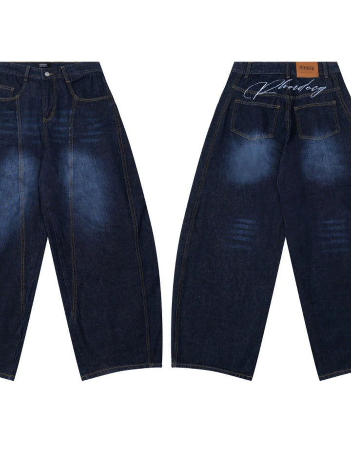 Men's Wide Leg Wash Denim Jeans with Signature Detail - Dark Blue - S - 38334bf6f0b14345bbb18b5d7602405c - Max - Origin - Tatoo Tee
