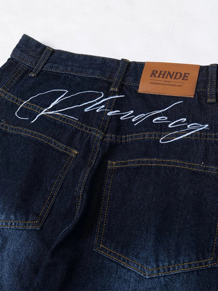 Men's Wide Leg Wash Denim Jeans with Signature Detail - Dark Blue - S - 1771f21d123048758fe6f7c52b308bd5 - Max - Origin - Tatoo Tee