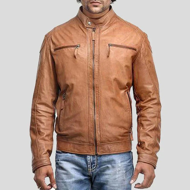 Mens Zipper Pockets Leather Motorcycle Jacket - Male - XS - Mens Zipper Pockets Leather Motorcycle Jacket - Tatoo Tee