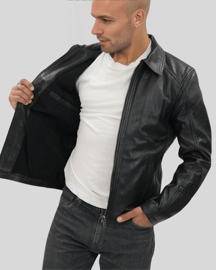 Miles Black Leather Racer Jacket - XS - Miles Black Leather Racer Jacket - Tatoo Tee