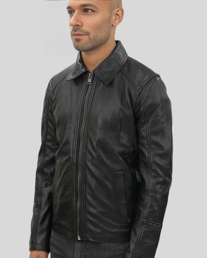 Miles Black Leather Racer Jacket - XS - Miles Black Leather Racer Jacket - Tatoo Tee