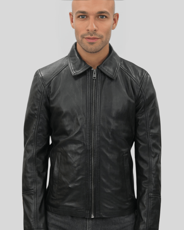 Miles Black Leather Racer Jacket - XS - Miles Black Leather Racer Jacket - Tatoo Tee