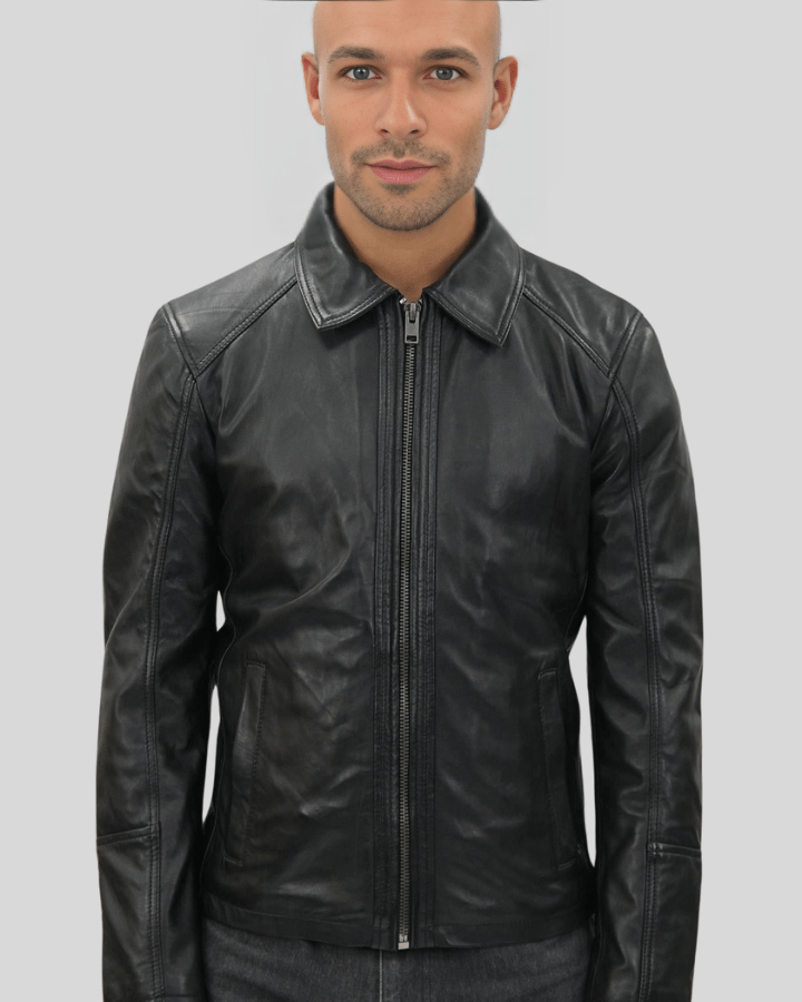 Miles Black Leather Racer Jacket - XS - Miles Black Leather Racer Jacket - Tatoo Tee