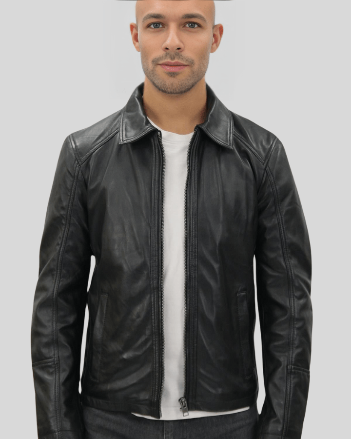 Miles Black Leather Racer Jacket - XS - Miles Black Leather Racer Jacket - Tatoo Tee