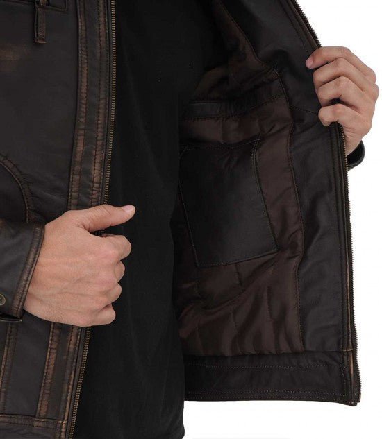 Monroe Distressed Brown Leather Jacket - Male - XS - Monroe Distressed Brown Leather Jacket - Tatoo Tee