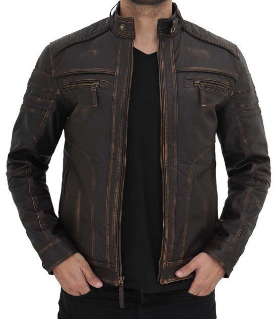Monroe Distressed Brown Leather Jacket - Male - XS - Monroe Distressed Brown Leather Jacket - Tatoo Tee