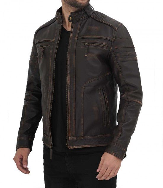 Monroe Distressed Brown Leather Jacket - Male - XS - Monroe Distressed Brown Leather Jacket - Tatoo Tee