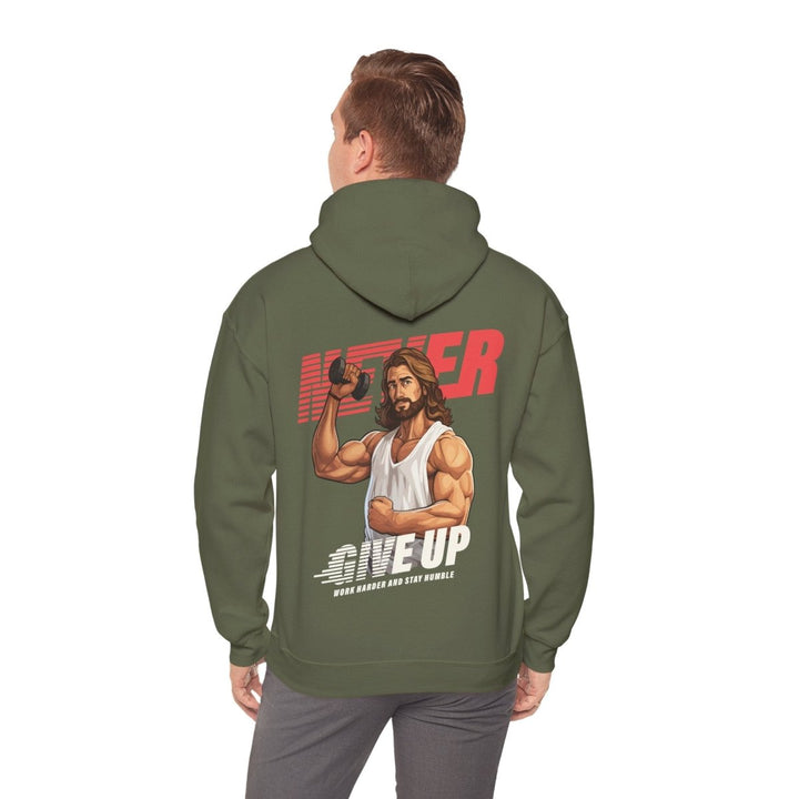 Motivational Hoodie: 'Never Give Up' with Inspirational Design - Military Green - S - Motivational Hoodie: 'Never Give Up' with Inspirational Design - Tatoo Tee