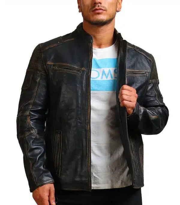 Moto Distressed Black Vintage Cowhide Leather Jacket - Male - XS - Moto Distressed Black Vintage Cowhide Leather Jacket - Tatoo Tee