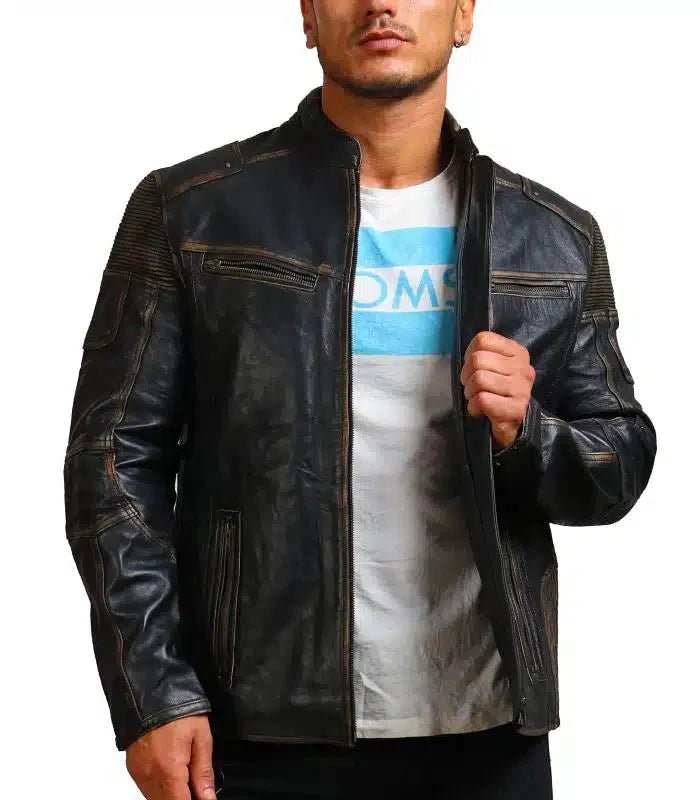 Moto Distressed Black Vintage Cowhide Leather Jacket - Male - XS - Moto Distressed Black Vintage Cowhide Leather Jacket - Tatoo Tee