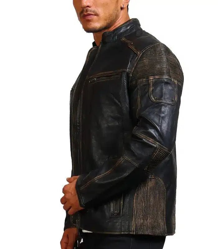 Moto Distressed Black Vintage Cowhide Leather Jacket - Male - XS - Moto Distressed Black Vintage Cowhide Leather Jacket - Tatoo Tee