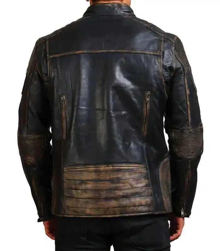 Moto Distressed Black Vintage Cowhide Leather Jacket - Male - XS - Moto Distressed Black Vintage Cowhide Leather Jacket - Tatoo Tee