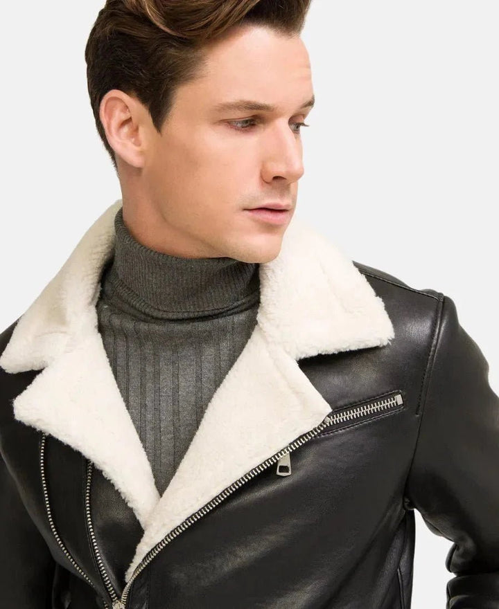 Moto Style Real Shearling Leather Jacket - Male - XS - Moto Style Real Shearling Leather Jacket - Tatoo Tee