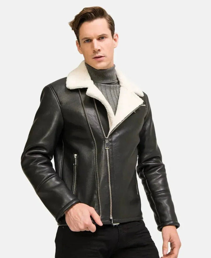Moto Style Real Shearling Leather Jacket - Male - XS - Moto Style Real Shearling Leather Jacket - Tatoo Tee